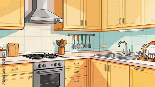 This vibrant kitchen illustration features wooden cabinets, stainless steel appliances, various utensils, and colorful cookware, creating an organized and functional space ready for cooking 