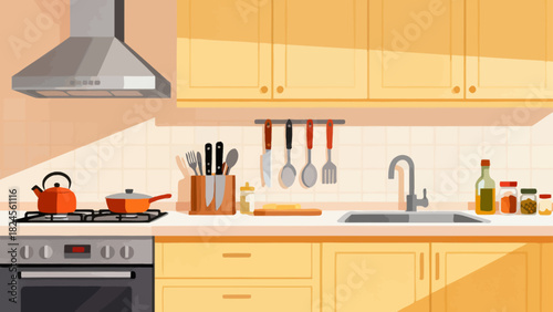 This vibrant kitchen illustration features wooden cabinets, stainless steel appliances, various utensils, and colorful cookware, creating an organized and functional space ready for cooking 