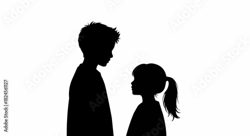 Silhouette of a boy and a girl looking at each other.