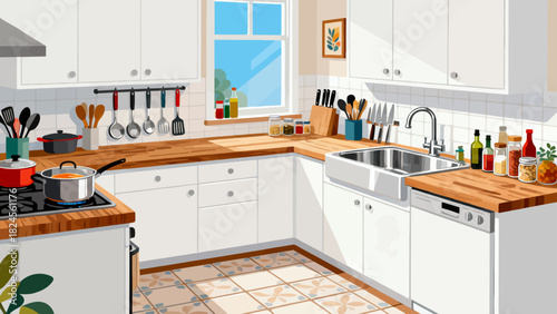 This vibrant kitchen illustration features wooden cabinets, stainless steel appliances, various utensils, and colorful cookware, creating an organized and functional space ready for cooking 