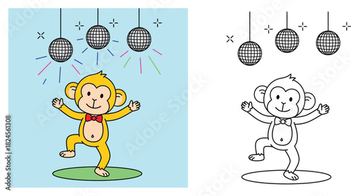 Cute Cartoon Monkey Dancing under Disco Balls. Happy Yellow Animal Character Wearing Red Bow Tie Having Fun at Party for Kids Design Vector Illustration.