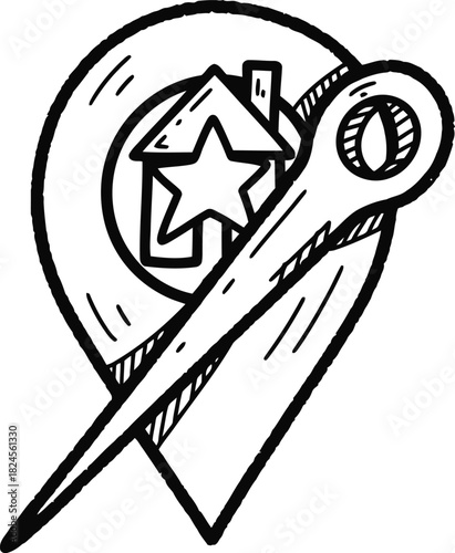 Doodle map pin icon, hand-drawn solid black on white, slightly bent needle, simple location sketch