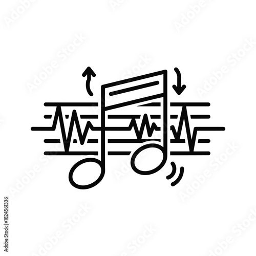 Music note with sound wave and arrows indicating frequency or volume adjustment, isolated on