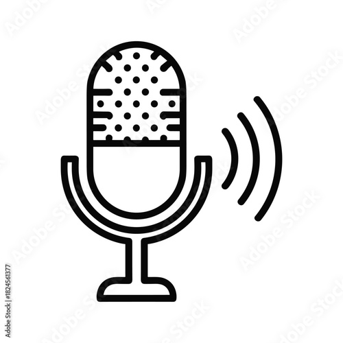 Black and white line art icon of a microphone with sound waves, ideal for audio and voice, isolated on