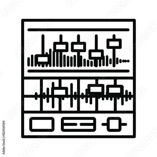 A black and white line art icon depicting an audio equalizer or sound mixer with various controls and waveforms