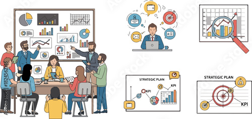 Business Team Meeting Analyzing Data and Strategic Planning in Conference Room
