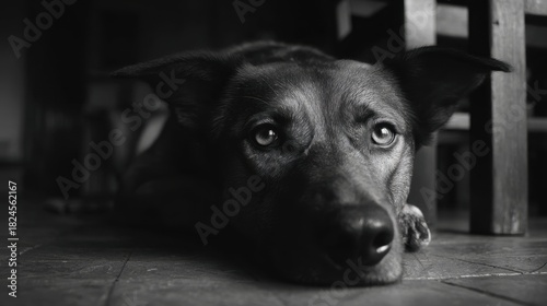 Black and White Close-Up Photo of a Resting Dog Lying on Wooden Floor
