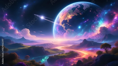 Wallpaper Mural Vibrant Alien Planet Landscape with Rings and Colorful Cosmic Skies Torontodigital.ca