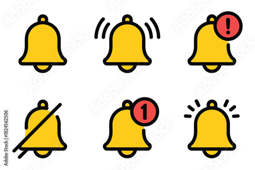 Notification bells icon set with shaking bell for new notifications, smartphone alerts, alarm clocks, app interfaces, website alert symbols, logo design, and user interface vector elements.