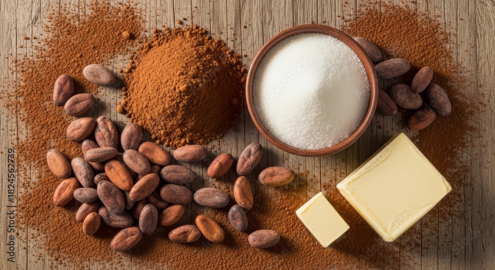 Fototapeta premium Title (200 characters): Assorted baking ingredients including almonds, coconut milk, butter, and cocoa powder on wooden surface - perfect for baking, cooking ingredients, recipe content, and rustic 