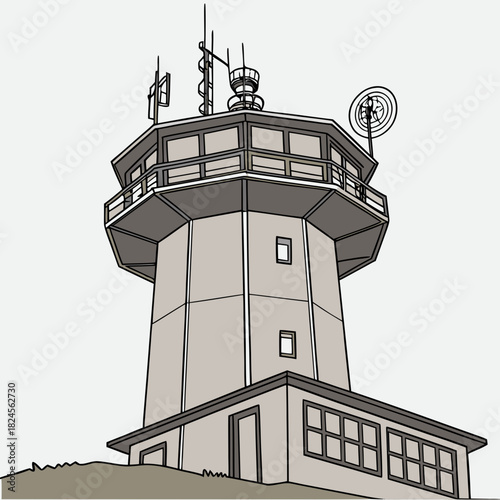 Air traffic control tower with antennas and windows against light sky airport aviation