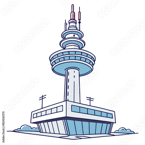 Cartoon illustration of a modern telecommunications tower with antennas communication tower