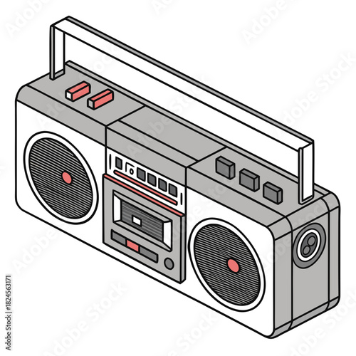 Retro Boombox With Speakers And Cassette Player Isometric View vintage music