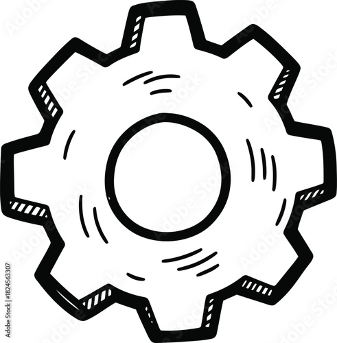 Doodle setting gear icon, hand-drawn solid black on white, uneven teeth, quick configuration sketch