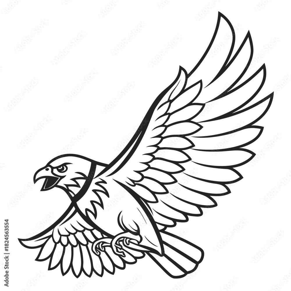 Obraz premium Black and white illustration of a soaring eagle with outstretched wings Keywords: eagle, bird