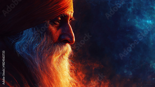 Profile of an elder man with a fiery beard and turban, gazing into a twilight sky, embodying wisdom and tranquility with a timeless presence.