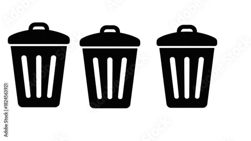 Minimalist black trash bin icons for digital design and waste management visuals