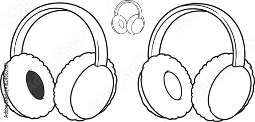 Vector Outline Set of Fluffy Winter Earmuffs, Cold Weather Accessory and Cozy Warmth Line Art