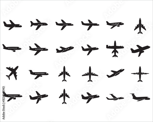 Set of black airplane silhouettes in different angles vector illustration