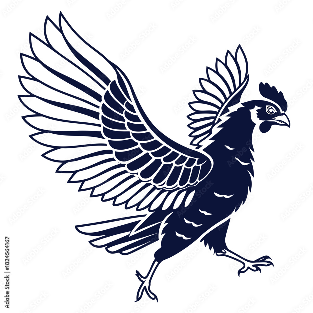 Obraz premium Stylized dark blue rooster in mid-stride with wings spread chicken bird