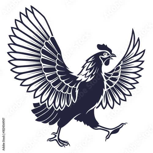 Dark blue chicken with wings outstretched in a running pose bird fowl