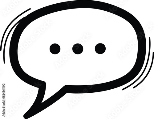 Doodle speech bubble with dots icon, hand-drawn solid black on white, indicating typing, simple pending chat sketch