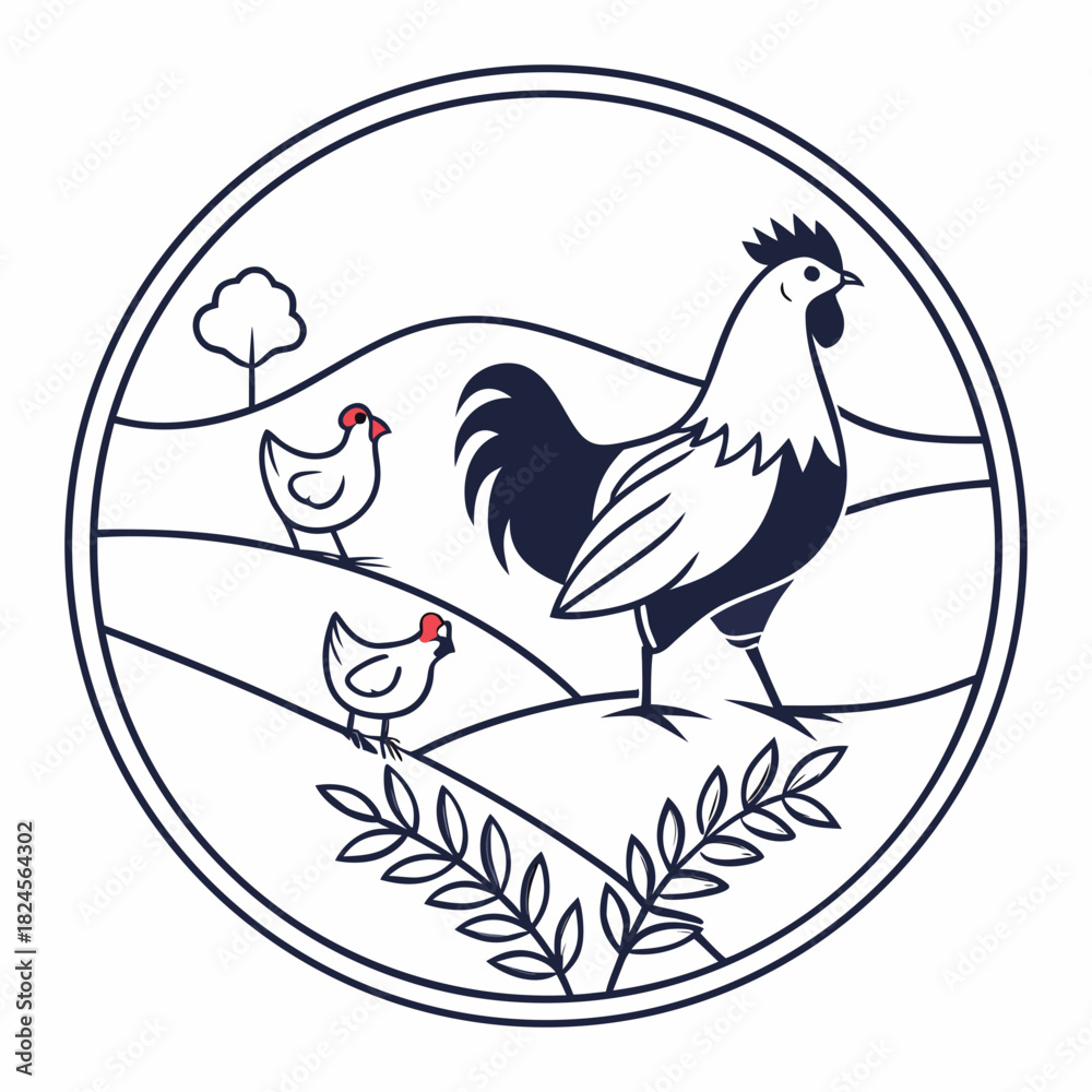 Obraz premium Rustic Farm Scene With Rooster and Chickens in a Circle Emblem rural agriculture