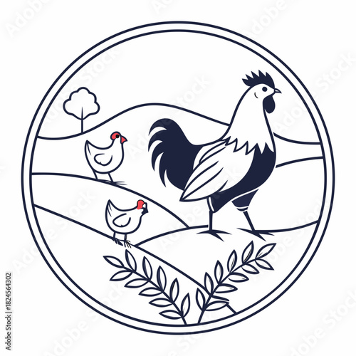 Rustic Farm Scene With Rooster and Chickens in a Circle Emblem rural agriculture