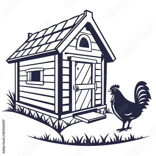 Silhouette of a small chicken coop with a rooster standing in front barn