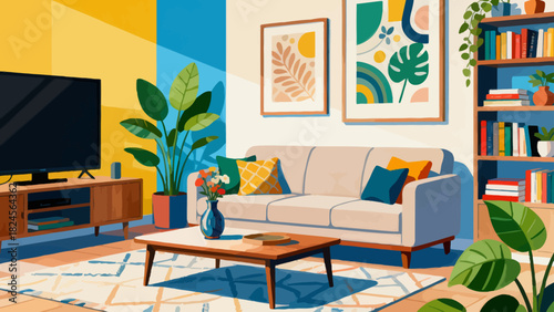 This vibrant living room illustration features a sofa, bookcase, TV, plants, and decorative elements, creating a cozy, organized, and stylish home space ideal for relaxation and leisure.
