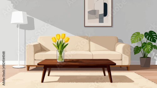 This vibrant living room illustration features a sofa, bookcase, TV, plants, and decorative elements, creating a cozy, organized, and stylish home space ideal for relaxation and leisure.