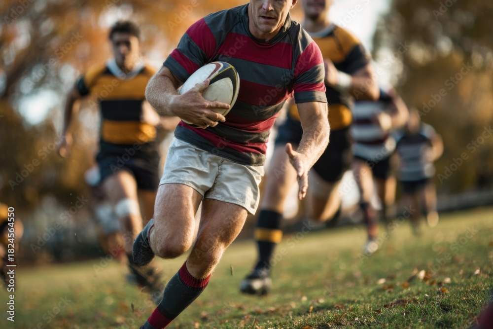 Fototapeta premium Rugby Player Running with Ball on Outdoor Field During Match