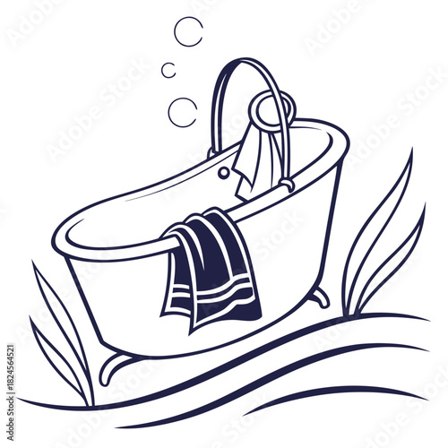 Vintage Bathtub with Towels and Bubbles Illustration clawfoot tub bathroom