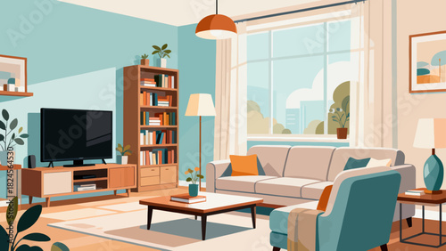 This vibrant living room illustration features a sofa, bookcase, TV, plants, and decorative elements, creating a cozy, organized, and stylish home space ideal for relaxation and leisure.