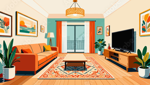This vibrant living room illustration features a sofa, bookcase, TV, plants, and decorative elements, creating a cozy, organized, and stylish home space ideal for relaxation and leisure.