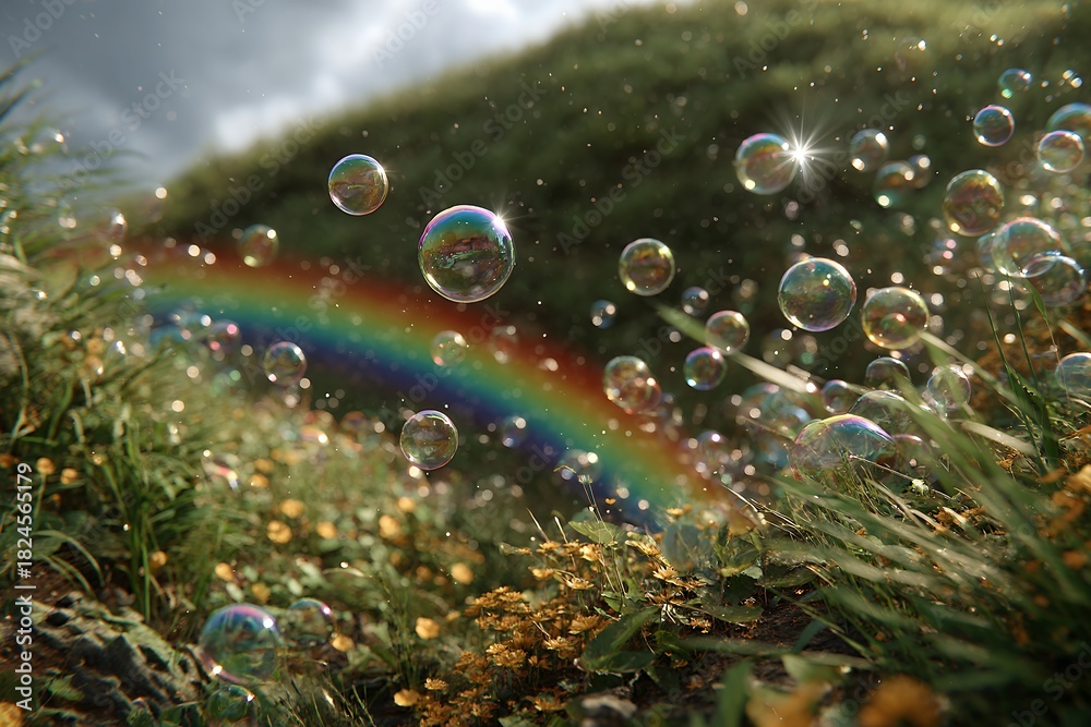 Fototapeta premium soap bubbles float across a grassy hillside with a rainbow