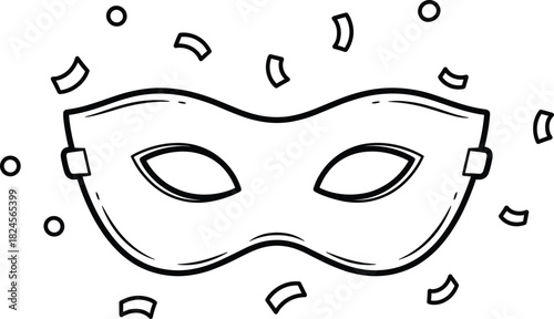 Vector Outline Illustration of Masquerade Eye Mask and Confetti, Carnival, Party, and Mystery Line Art