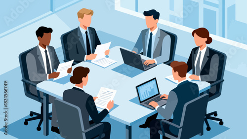 This isometric illustration shows a group of business professionals in suits gathered around a conference table with documents, representing a corporate meeting focused on collaboration and discussion