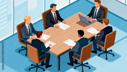This isometric illustration shows a group of business professionals in suits gathered around a conference table with documents, representing a corporate meeting focused on collaboration and discussion