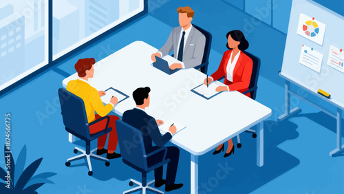 This isometric illustration shows a group of business professionals in suits gathered around a conference table with documents, representing a corporate meeting focused on collaboration and discussion