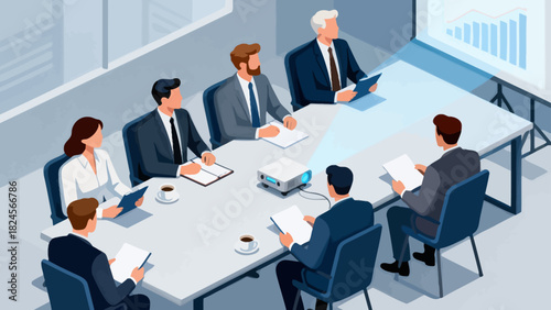 This isometric illustration shows a group of business professionals in suits gathered around a conference table with documents, representing a corporate meeting focused on collaboration and discussion