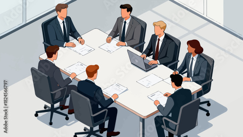 This isometric illustration shows a group of business professionals in suits gathered around a conference table with documents, representing a corporate meeting focused on collaboration and discussion