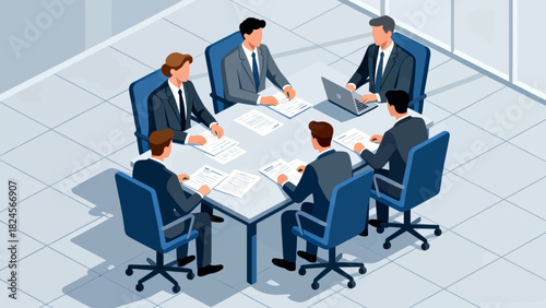 This isometric illustration shows a group of business professionals in suits gathered around a conference table with documents, representing a corporate meeting focused on collaboration and discussion