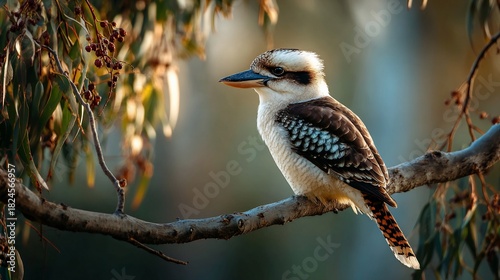Kookaburra perched gracefully on branch, mottled feathers in soft light