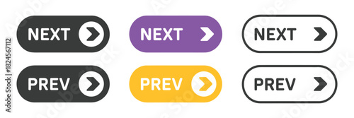 Previous and next navigation buttons vector set, featuring web page arrows, previous and next symbols, user interface elements, web design components, and digital navigation icons for modern websites.