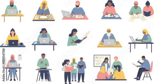 Diverse Group of People Using Laptops and Reading Books in Modern Workplace