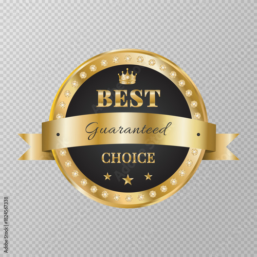 Premium quality golden sign with diamonds  isolated on transparent background. Trophy for challenge. Award medal. Golden label. Design element for advertising.Premium quality.Vector illustration