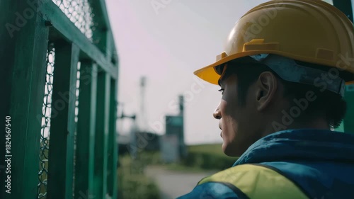 Close-up of a construction worker wearing a yellow helmet and blue vest, looking at a green industrial gate with a metal mesh