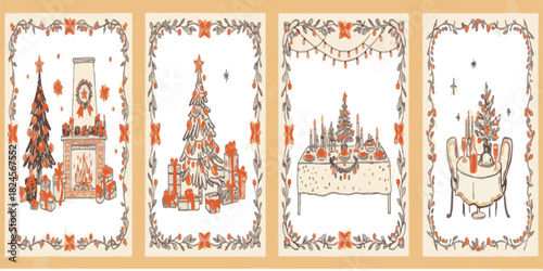 Set of Merry Christmas and Happy New Year greeting cards. Hand drawn doodle whimsical posters, prints, celebration party invitations with Christmas tree, gifts, fireplace, festive family table