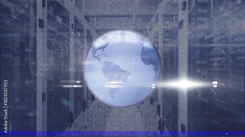 Translucent globe appearing in server corridor, zooming, rotating, flaring, showing network flow